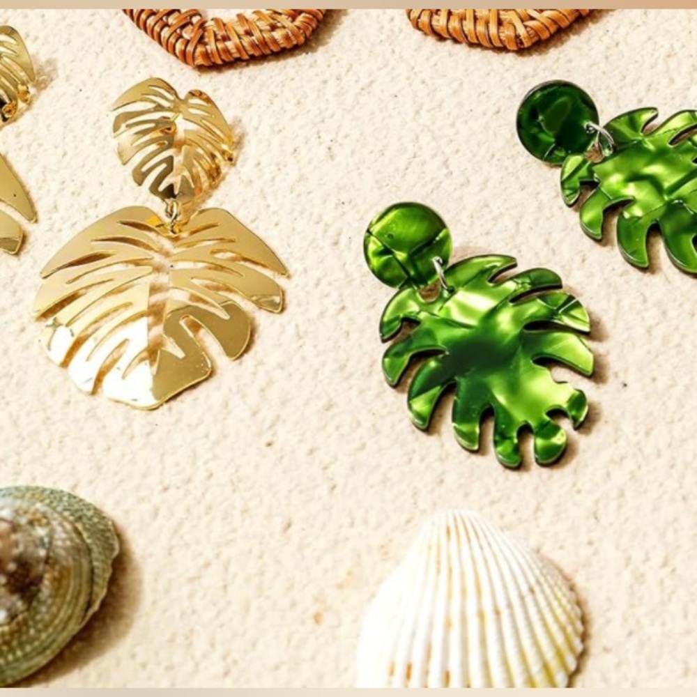Tropical palm leaf earrings and leaf necklace vacation set in gold & green NWT - Picture 2 of 16